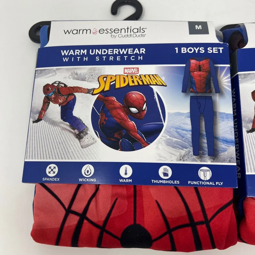 LOT of 2 Cuddl Duds Warm Essentials Spider-Man Thermal Underwear Boys M 8/10